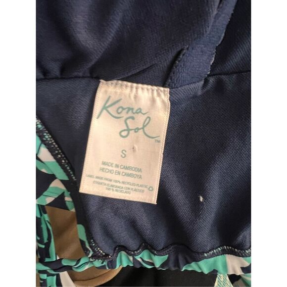 Kona Sol Size S Loop Back One Piece Swimsuit Navy Aqua Palm Print Tropical Beach - Picture 10 of 11
